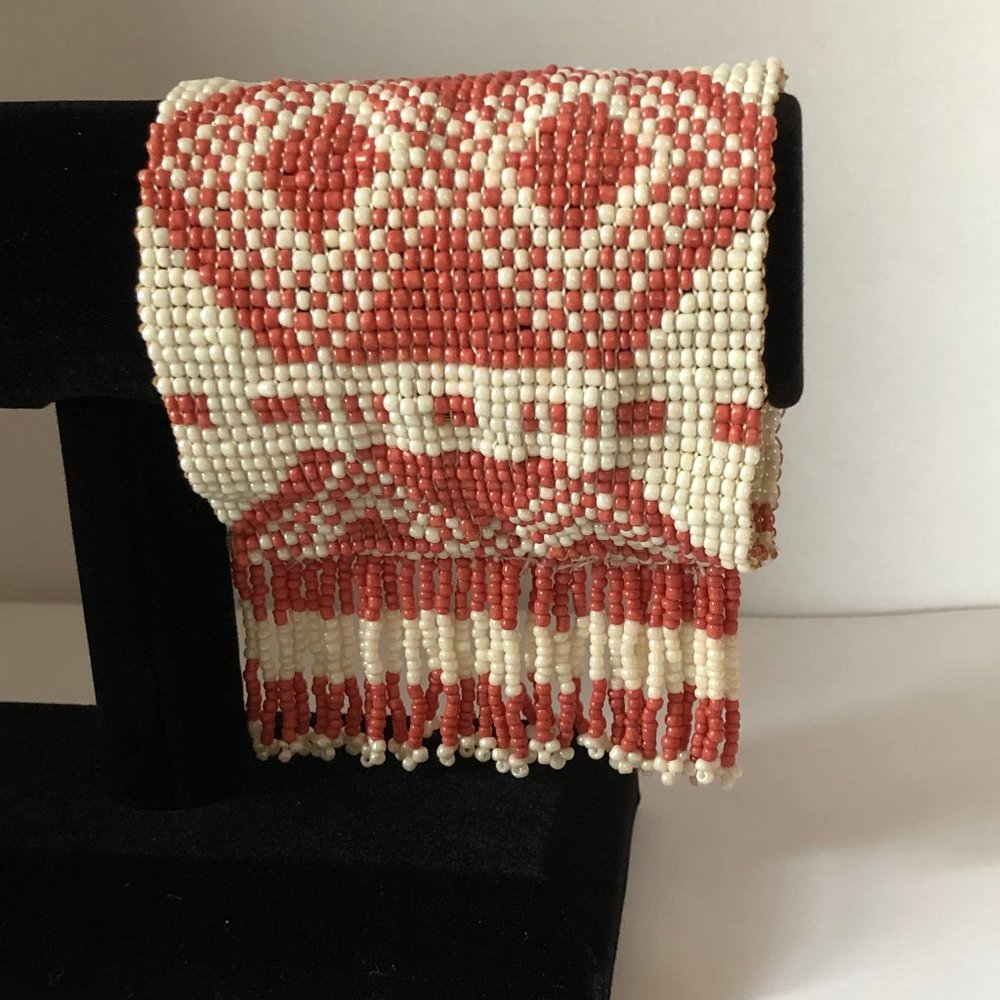 Beige and Coral Aztec Seed Beaded Stretch Bracelet